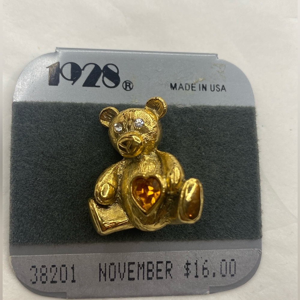 1928 Gold-Tone Teddy Bear Brooch with Amber Heart Crystal